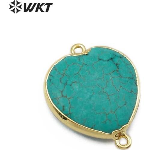 WT-C280 Green Turquoises Connector Double Hoops Heart Shape Howlite Gold Electroplated Pendant For Jewelry Making