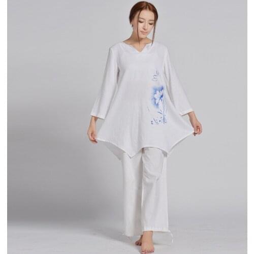 Women Yoga Tai Chi Set Linen Printing Loose Sweatshirt+pant Jogger Fitness Martial Arts Kungfu Meditation Casual Set Activewear