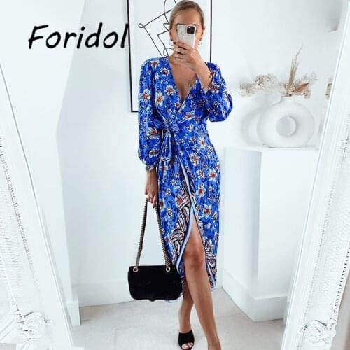 Floral Print Long Sleeve Dress Robe for Women Autumn Winter Maxi Long Dress Shirts Blue Vestidos 2021 Elegant Dresses Slit