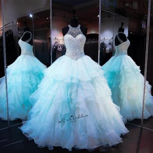 Vestidos de 15 Anos Quinceanera Dresses 2017 Debutante Gowns Baby Blue Beading Sweet 16 Ball Gowns Cheap Quinceanera Gowns