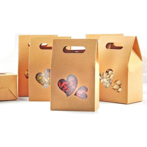 10x15cm Cute Kraft Paper Food Packaging Bag with Loving Heart Window and Handle, for Food Cookies Candy Meat Baking,100 Pack