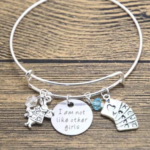 12pcs/lot Alice in Wonderland Inspired bracelet I am not like other girls Silver tone crystals bangle