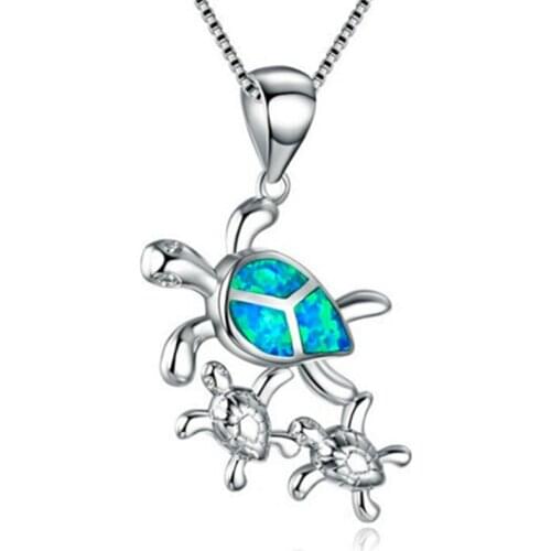 2021 Cute Imitation Opal Sea Turtle Family Necklace Blue Enamel Animal Pendant Necklaces for Women Wedding Party Jewelry Gift