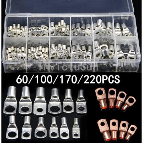 60/ 100/170/220Pcs Copper Cable Lugs Ring Terminals Kit SC6-SC25 Tinned Cable Lugs Battery Bare Cable Wire Connectors