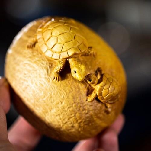 7x6x5 CM Hand Carved Boxwood Figurine Turtle Mom and Baby Animal Statue Home Decor- TL077