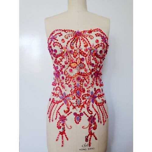 A94red Pure hand made dazzling sew on Rhinestones applique crystals trim patches 56*38cm dress accessory for belt