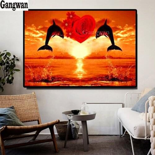 5D DIY Diamond painting Lovers sea dolphins animal Diamond embroidery cross stitch sunset rose landscape wedding home decoration