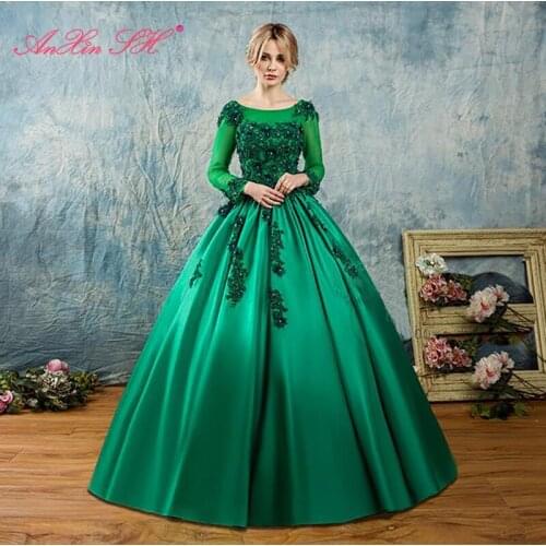 AXJFU princess beading green Lace Long Evening Dresses Party flower lace evening Dress green beading crystal lace evening dress