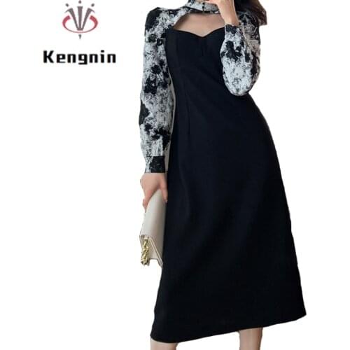 Black Dresses Woman 2021 Autumn French Style Female Robe Dress Vintage Designer Dresses Patchwork Print Lady Party Dress KE1753