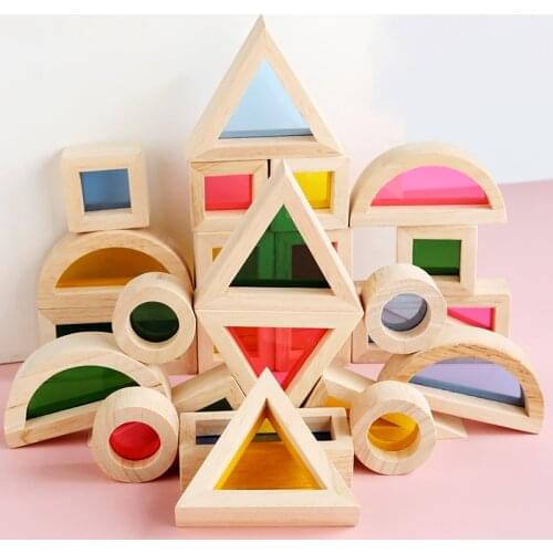 Wooden Rainbow Building Blocks Montessori Sensory Toys Creative Kaleidoscope Stacking Blocks Educational Toys Set For Kids Child