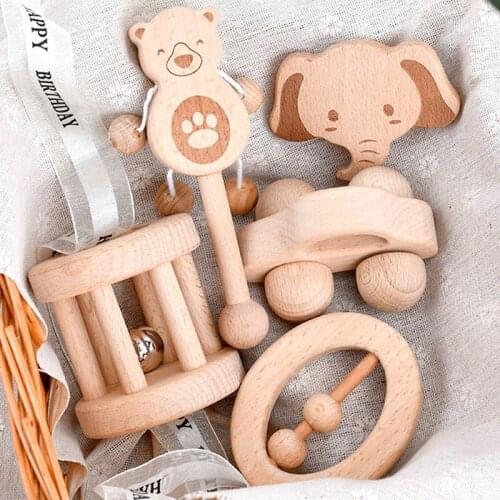 Baby Rattle 5 pcs Toddler Molar Wooden Toys Made of High Quality Beech Without Paint Infant Toys 6 12 months Log Noise Maker Toy
