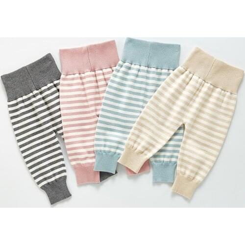 Kids Cotton Casual Striped Trousers Newborn Boys Girls Knitted Wool Pants Autumn Infant Baby Girls High-waisted Leggings Toddler