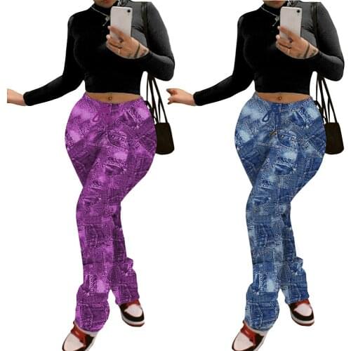 Denim Blue Womens Casual Trousers Printed Tight-fitting Mid waist Lace up Flared Pants Streetwear elegant vestidos Spring