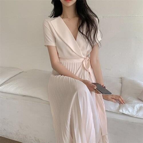 GOOHOJIO New Womens Summer Dresses Casual High Waist Korean Style Lace Up Elegant Draped Pleated Fashionable Lady Long Dresses