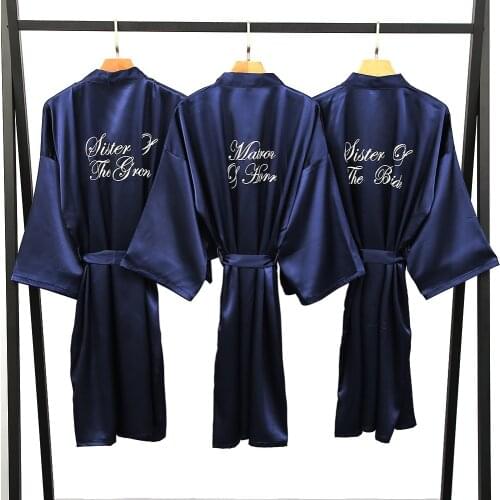 Navy Blue Silk Satin Robe Kimono Bride Bridesmaid Robes Women Wedding Bridal Robe Bathrobe Sleepwear White Robe