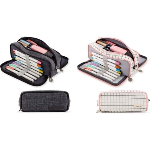ANGOO 2 Pcs Large Pencil Case Big Capacity 3 Compartments Canvas Pencil Pouch, White Pink & Black