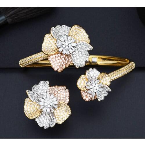 Newness Flower Floral Fashion Luxury 3 Tone Full AAA Cubic Zirconia Women Bracelet Bangle Ring Set Dress Jewelry Sets