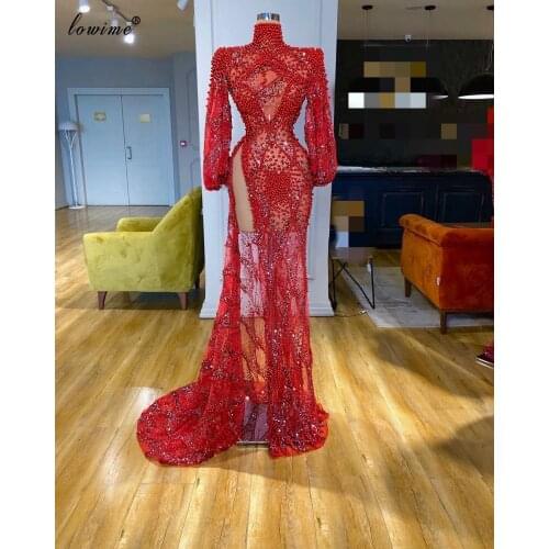 Heavy Handmade Red Evening Dresses Mermaid Transparent Pearls Evening Gowns Elegant High Neck Prom Dresses Woman Party Night