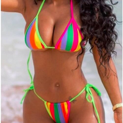 Micro Bikini Swimsuit Women Swimwear 2 Pieces Bandage Rainbow Stripes Printed Bathing Suit Beachwear Swimming Suit 2021 Biquinis