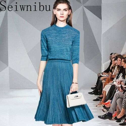 2020 New Autumn Women Knitting Lurex Sweater 2 Pieces Set Half Sleeve Pullover Top And Solid Pleated Skirt 2pcs Suit
