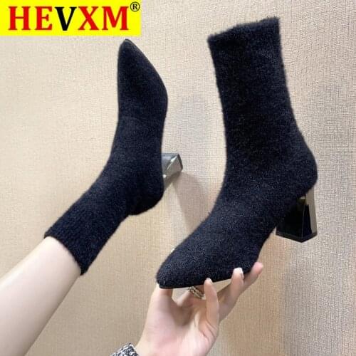 HEVXM 2020 Winter New Style Boots Sleeve Sock High-heeled Short Plush Stretch Thick Heel Womens Shoes