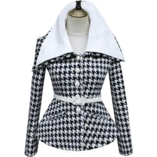 New arrival winter vintage skirt style short Houndstooth wool coat women slim waist plaid outwear