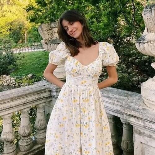 Foridol Lace Up Vintage Yellow Summer Maxi Dress Women Short Sleeve Floral Print Boho Holiday French Style Long Dress Robe 2021