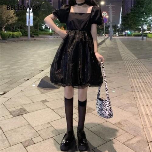 Japanese Kawaii Lolita Dress Sweet Square Collar White Black High Waist Tulle Dress Soft Girl Summer Puff Sleeve Ball Gown Dress