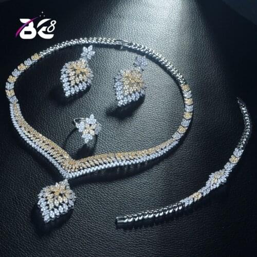 Be 8 Unique Design Leaf Shape 2 Tones Dubai Jewelry Set AAA CZ Earrings Necklace Women Bridal Party Gifts for Lady Dress S309