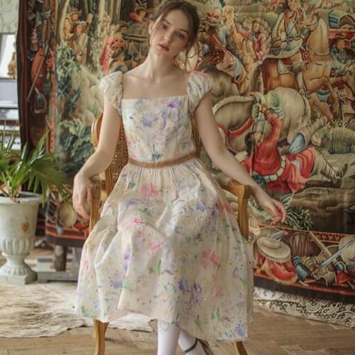Summer Women Vintage Elegant Cotton Womens Sundress Mori Girl Sweet Embroidery Floral Print Sequined Beading Midi Dress