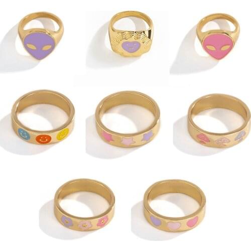 New Korean Trendy Vintage Double Layer Dripping Oil Enamel Color Contrast Heart Metal Rings for Women Couple Jewelry