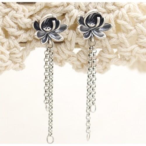 1 Pair Real 925 Sterling Silver Woman Ear Hook Vintage Lotus Tassel Ear Hanger DIY Jewelry Making Findings Accessories Component