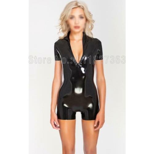 100% Latex Catsuit Rubber Gummi High Neck Front Zipper Short Jumpsuit Short Sleeves Sexy Bodysuit Customize