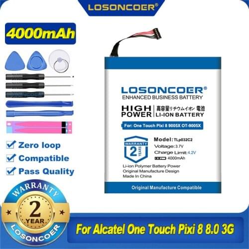 100% Original LOSONCOER 4000mAh TLp032C2 TLp032CC Battery For Alcatel One Touch Pixi 8 8.0 3G 9005X OT-9005X Mobile Phone