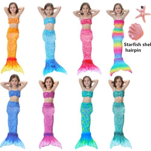3PCS+Hairpin The Little Mermaid Tail Costume Children Mermaid Tail Cosplay Kids Girl Fancy Swimsuit Halloween Costume No Flipper