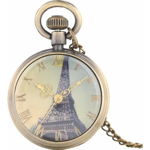 Antique Eiffel Tower Dial Pocket Watch Men Theme Fashion Pocketwatch Kid Gift Skull Punk Open Face Quartz Watch Best Gift