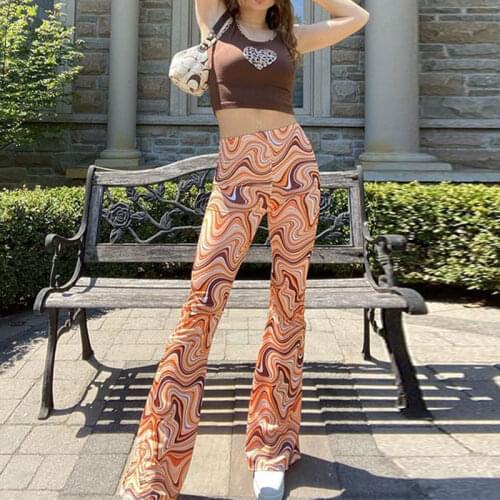 Floral elastic waist womens flare pants casual low waist women sexy trousers summer office lady loose bell bottom pants 2021