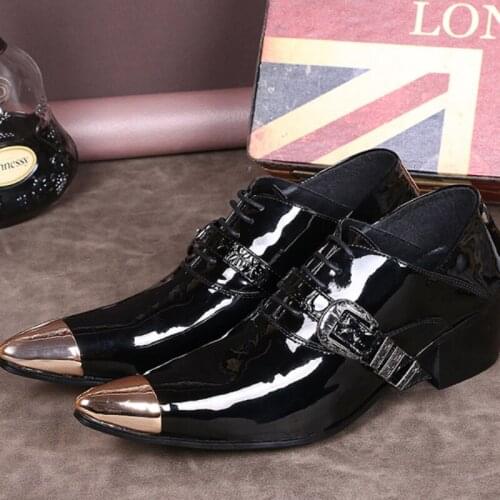Christia Bella Metal Pointed Toe Male Monk Strap Brogue Shoes Genuine Leather Man Lacp Up Oxfords Shoes Men Party Heighten Shoes