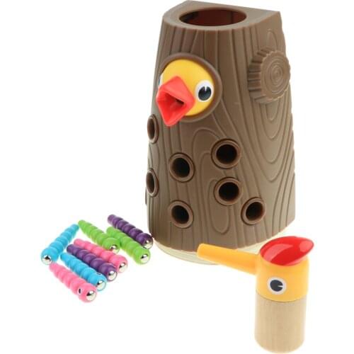 Wooden Stump Magnetic Caterpillar Catching Game, Kids Feed the Woodpecker Montessori Educational Toy