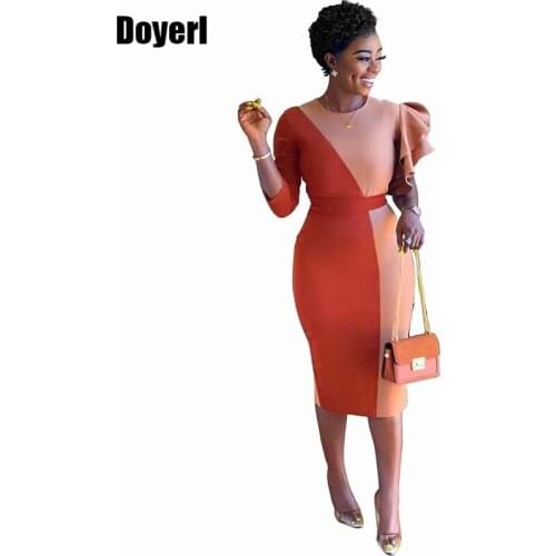 Korean Party Sexy Dress Women Autumn Contrast Patchwork One Sleeve Ruffle Midi Bodycon Dress Casual Elegant Ladies Office Dress