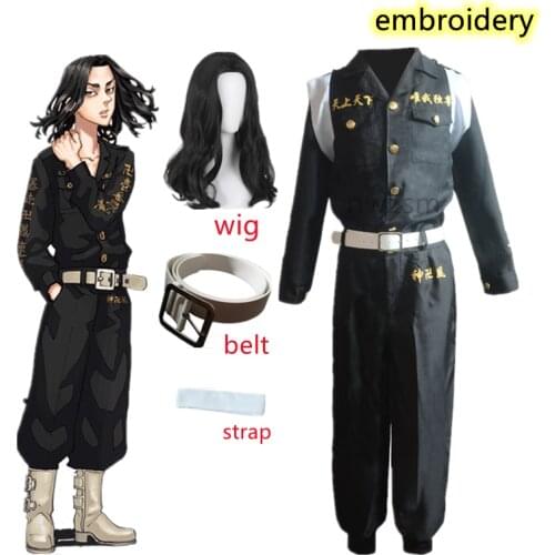 Anime Tokyo Revengers Keisuke Baji Cosplay Costume Embroidery Black Uniform Wig Belt Tokyo Manji Gang Halloween Party Men