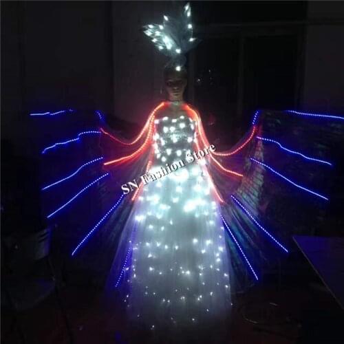 L105 Women dance dresses lighted LED costumes clothes bar party show wears led wings glowing cloak luminous stage skirt dj