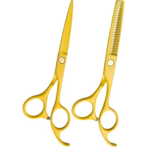 5.5 Inch Yellow Japanese Stainless Steel Hair Cutter Cutting And Thinning With Pu Case Barber Scissors