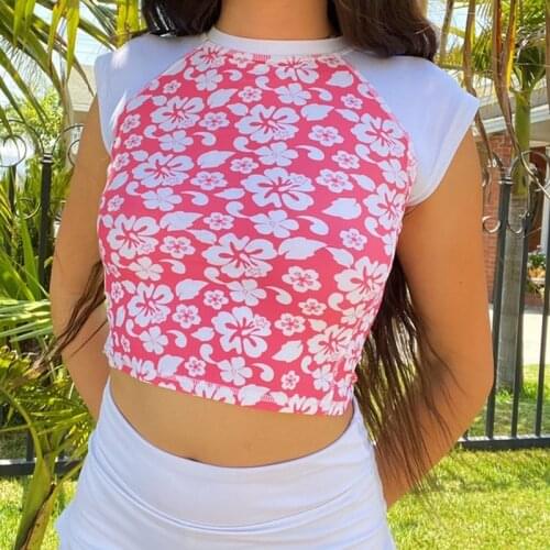 Casual Top 2000s Aesthetic Kawaii Woman Tshirts Patchwork Floral Print Y2K Cropped Tee O Neck Short Sleeve Slim Cute Summer Tops