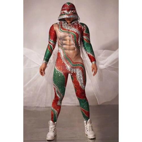 Christmas elf suit Party Red Green Tassel Rhinestone Jumpsuit men women sexy stage dance wear