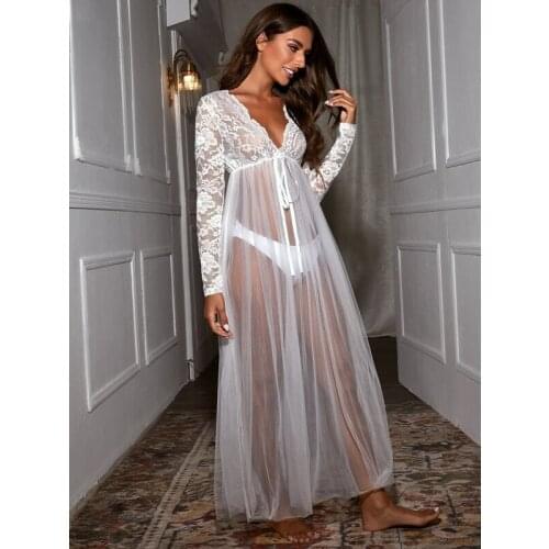 Sexy women lace dress,home Nightgown solid color lace perspective,long sleeve lace up,fun long style home pajamas,beach