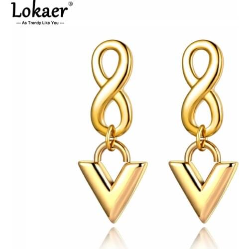 Lokaer Original Design Titanium Stainless Steel V Letter Earrings Bohemia Geometry Infinite & Eternal Earrings For Women E21066