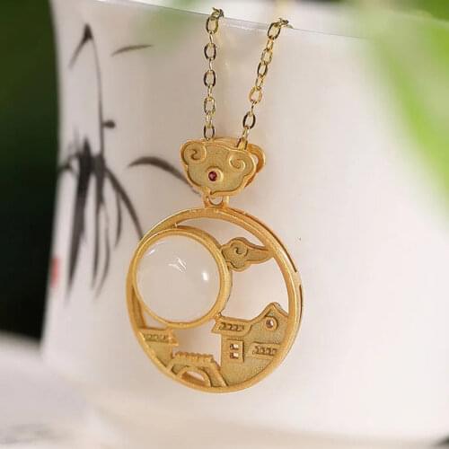 SNew Silver Inlaid Natural Hotan White Jade Pendant Round Necklace Classical Cold Wind Chinese Retro Send Mom Gift Jewelry