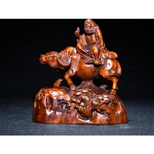 Wedding decoration Chinese Boxwood Wood Carving Taoism Famoun Laozi Lao-tzu Ride Bull Oxen Statue