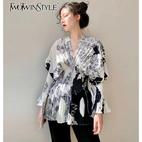 TWOTWINSTYLE Elegant Women Shirt V Neck Flare Long Sleeve High Wiast Pleated Blouses For Female Clothes Fashion 2020 Summer Tide
